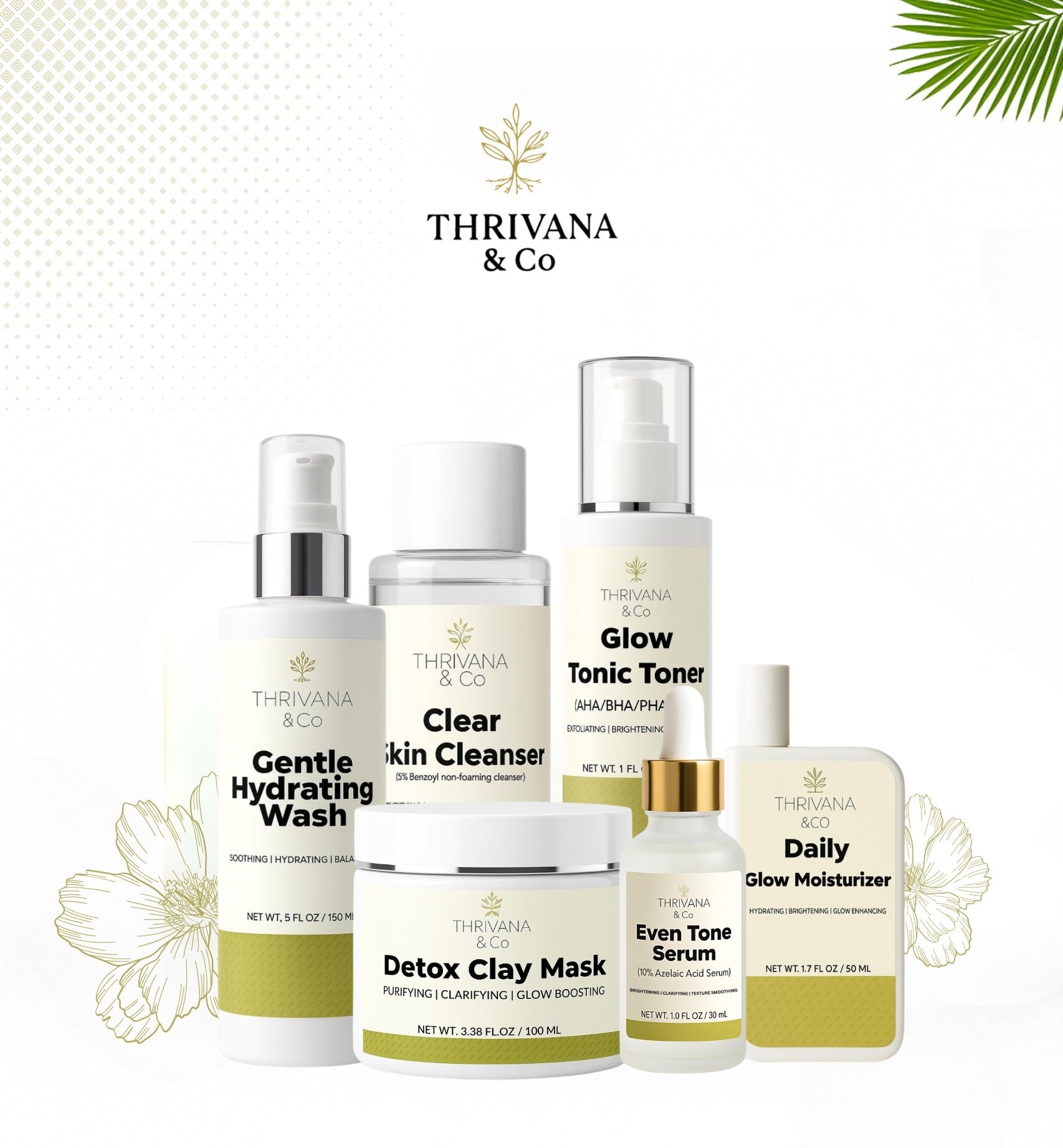 Set of skincare products from Thrivana & Co on a white background
